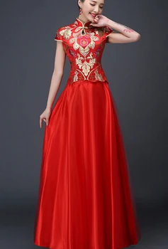 1set /הרבה בסגנון סיני אישה אדום cheongsam סאטן שרוול קצר לעמוד צווארון העליון ארוך חצאית סאטן כלה cheongsam
