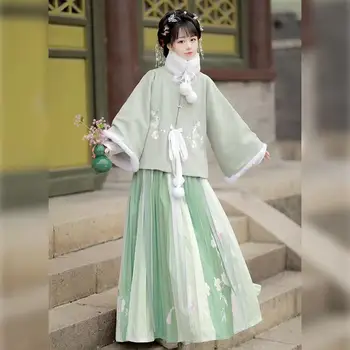 2 צבעים שושלת מינג חצי שרוול Hanfu כותנה מרופד מעיל וינטג ' בסגנון סיני לעבות חורף נשים בנות שנה חדשה השמלה להגדיר
