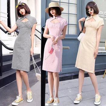 2020 חדש כותנה ארוך פשתן Cheongsam יומי אופנה חלול גברת סקסית סגנון שמלת ילדה חמודה לבדוק Cheongsam נקבה סלים צ ' יפאו 치파오