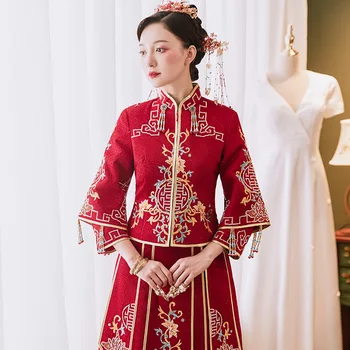 2022 אלגנטי הנישואין צ ' יפאו סיני הכלה מנדרין קולר שמלת החתונה המדהימה אדום רקמה Cheongsam