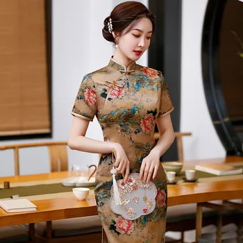 2023 אביב סתיו המסורתי החדש Cheongsam אמצע אורך שסף צ ' יפאו אלגנטי בנות הטיפוח העצמי השתפר סינית בסגנון השמלה.