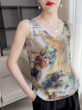 2023 חדש Guochao דיו ציור סאטן Suspender האפוד נקבה בתוך להתאים מחוץ ללבוש סקסית משוחררת ללא שרוולים העליון החוץ סגנון