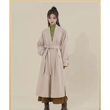 3Pc המקורי בסגנון סיני מודרני Hanfu השמלה סט ארוך בצבע בז חלוק ירוק חולצה ירוקה חצאית משופרת נשים סתיו מעיל חם