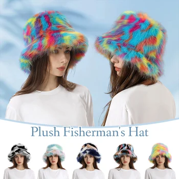 Faux פרווה צבעונית דייג כובע נשים חמימות בחורף, מעובה אגן כובע מזדמן אופנה קשת החדרת פלאפי קטיפה כובע