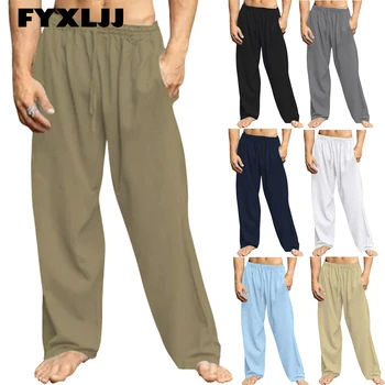 FYXLJJ גברים רופף מוצק צבע רחב הרגל כותנה מכנסי פשתן רך זמן שאיפה זכר פשתן המכנסיים בקיץ מזדמנים לנשימה מכנס-5XL