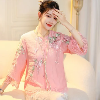 High-end אביב קיץ העליון סיני טאנג הלבוש רטרו רקמה אלגנטית גברת החולצה הנשית S-XXL