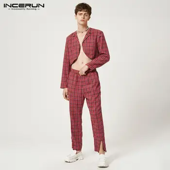 INCERUN 2023 בסגנון אמריקאי חדש גברים רטרו משבצות קצר חולצות מכנסיים חליפות אופנה זהב משובץ דפוס שני חלקים חליפות S-5XL
