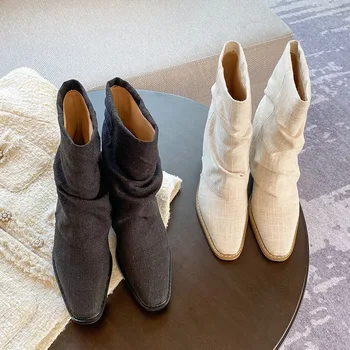 Maxdutti אופנה צרפתית משרד גבירותיי אלגנטי פשתן כותנה קפלים נעלי בוהן מרובע אמצע העקב הבציר הבסיסי הקרסול Bootis נשים