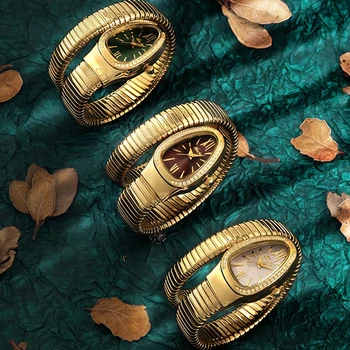 MISSFOX נשים שעונים של נחש צורה שעוני יוקרה לנשים פלדה ייחודית זהב קוורץ בנות AAA תכשיטים שעונים Relogio Feminino