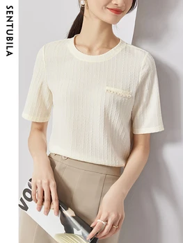 Sentubila 2023 הקיץ משמש חולצות לנשים אלגנטי ישר מרקם פסים שרוול קצר או צוואר סרוגים מקסימום בנות Tees