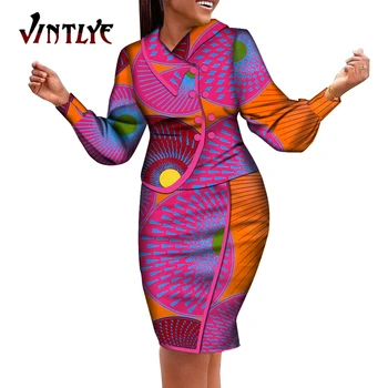 אופנה אפריקה בגדי נשים אסימטרי תפנה למטה צווארון שרוול ארוך להדפיס חולצה, חצאית באורך הברך דאשיקי נשים בגדים
