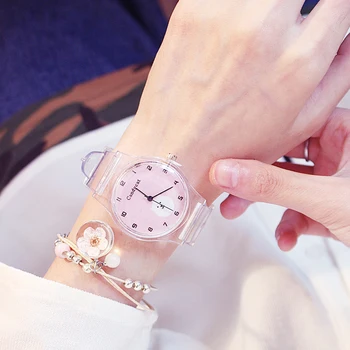 אופנה ילדה השעון החדש סיליקון ג ' לי שקוף רצועת צבע ממתקים חמוד התלמיד לצפות בנות שעוני ילדים, שעוני Montre Enfant