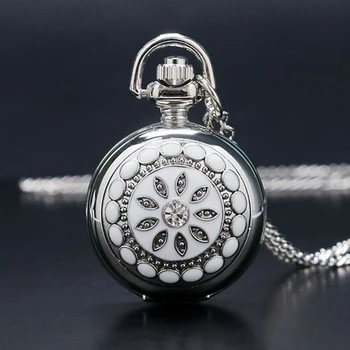 אופנה כסף לבן קרמיקה פרח קריסטל גודל קטן קוורץ שעון כיס שרשרת תליון נשים ליידי הילדה מתנת יום הולדת P205