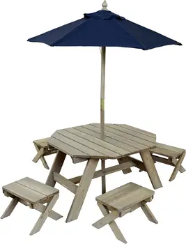 אוקטגון, שולחן, כיסאות & מטריה להגדיר, ילדים\u2019 ריהוט גן, Barnwood אפור & חיל הים.