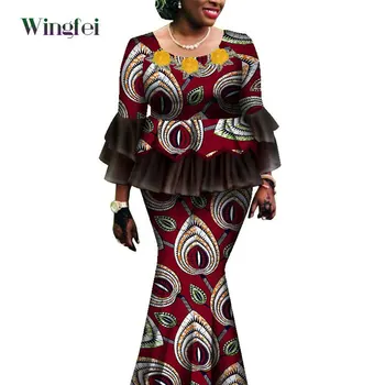 אפריקה בגדי נשים אנקרה הדפסה 2 חתיכות להגדיר הזיקוקים שרוול החולצה למעלה ואת החצאית הארוכה דאשיקי מסיבת נשים הלבוש WY8657