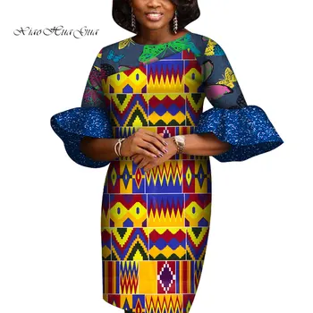 אפריקה שמלות לנשים אופנה אפריקאית שעווה הדפסה שמלה נוצצת הזיקוקים שרוול אנקרה שמלת קיץ אפריקה בגדים WY7005