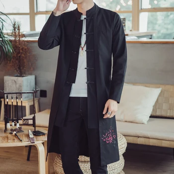 בסגנון סיני בגדי גברים בינוני אורך מעיל רוח כותנה, קנבוס הגליל אבזם רטרו הלאומי המעיל פריחת השזיף אורן רקמה