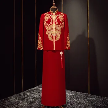 בסגנון סיני נישואין להגדיר החתן תלבושת קטיפה החתונה בגדים חרוזים פאייטים Cheongsam טוסט בגדים китайская одежда