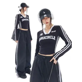 בציר Y2k שרוול ארוך חולצות נשים פס Kpop גזורה קוריאני אופנה אופנת רחוב סלים אסתטי שחור חולצת טי סתיו