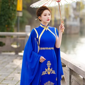 בציר כחול צ ' יפאו אלגנטי נשים גבוה פיצול Cheongsam צווארון מנדרינה סינית השמלה Vestidos