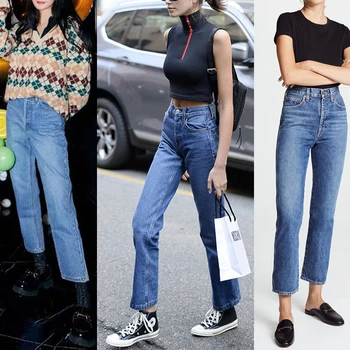 גבוהה המותניים ישר נשים ג 'ינס דק החבר סגנון מזדמן פרוע קרסול-אורך הנקבה ג' ינס