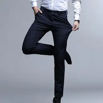 גברים חליפת מכנסיים גברים יוקרה המכנסיים גבוהה המותניים Slim Fit גברים המכנסיים ללא קמטים גמיש לנשימה עסק רשמי.