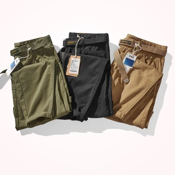 גברים רזים רטרו מוצק צבע רופף ישר מכנסיים בקיץ פשוט כביסה פנאי רב-כיס סרבל מכנסיים גאות