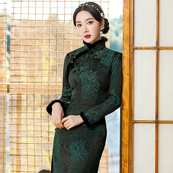 החורף בעמידה צווארון ירוק אבזם קצה גלם רטרו אלגנטי זמן חם Cheongsam הסינית המסורתית השמלה צ ' יפאו לנשים מסיבה