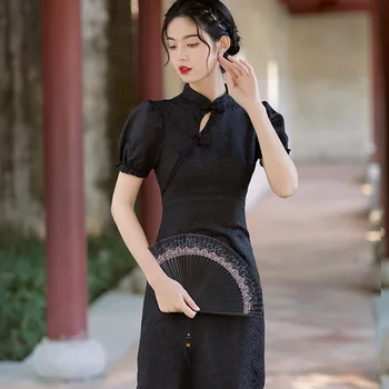 הקיץ האישה השתפר מנדרין Cheongsam צווארון השחור המסורתי סלים קצר צ ' יפאו הסינית שמלות