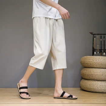 הקיץ עגל-אורך המכנסיים גברים בסגנון סיני קרח משי הרמון מכנסיים לגברים ישר פשוט מכנסיים קצרים