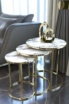זהב מתכת Zigon שולחן הקפה ניתן לפרוץ את דפוס השיש 3 יח ' נורדי לצד שולחן קפה תה קפה שירות שולחן עגול חי רו