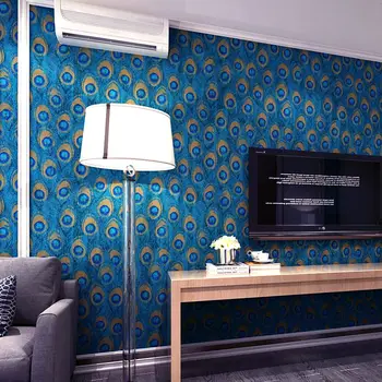 יוקרה כחול נוצת טווס טפט אמנות ציור הקיר בחדר השינה בסלון מלון נושא הטלוויזיה רקע טפט דרום מזרח אסיה