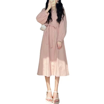 ילדה מתוקה של ורוד V-neckcute זמן שמלות לנשים עם שרוולים ארוכים נקבה 2023 אביב קיץ אופנה קוריאנית זמן שמלת החולצה