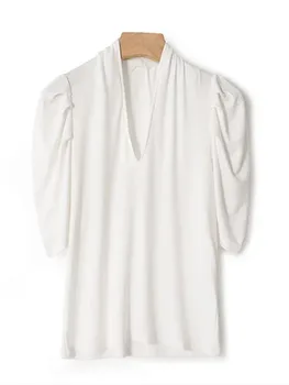 לבן או שחור נשים קפלים סלים טי מקסימום נקבה קצר פאף שרוול V-צוואר חולצת קיץ 2022