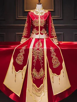 מזרחי שמלת חתונה מסורתית רקמה, חרוזים צ ' יפאו בסגנון סיני שני Cheongsam החלוק Vestido גודל S-2XL