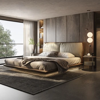 מיטה מינימליסטי רך תיק כפול, חדר מאסטר גדול עם אור ראשון שכבת עור פרה באיכות גבוהה