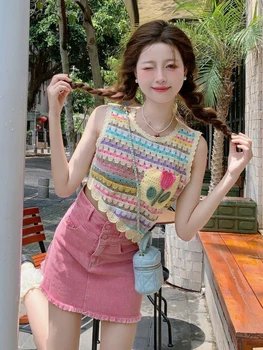 מתוק חריף ילדה פס צבעוני חזייה פיג ' נשיים הקיץ החדש קוריאני משובח חלול קצר ללא שרוולים למעלה
