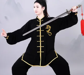 סיטונאי חדש סיני גברים, נשים, קונג פו חליפות רקום זהב הדרקון שרוול ארוך טאי-צ ' י אמנות לחימה מדים ביגוד סט