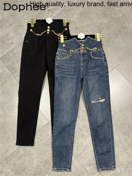 סתיו חורף 2023 כבד ריינסטון מכתב שרשרת המותניים ג 'ינס של נשים למתוח הרזיה קרע סקיני ג' ינס מכנסיים ברחוב