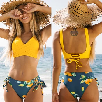 צהוב לימון הדפסה אמצע המותן ביקיני סטים של בגדי נשים סקסי תחרה שני חלקים, בגדי ים 2023 חדשה חוף, בגדי ים.