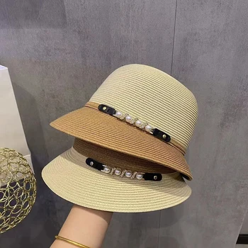 קיץ אנטי-UV כובע קש עבור נשים אלגנטי פרל קישוט שוליים רחבים, כובע השמש 2023 חדש הפבורן סגנון החופשה הנסיעה החוף הכובע