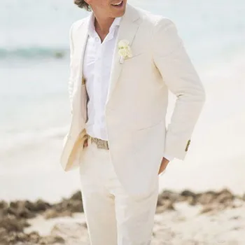 קיץ, חוף השנהב פשתן חליפות לגברים חליפות חתונה החתן לובש תפורים חתן Slim Fit מזדמן טוקסידו השושבין בלייזר