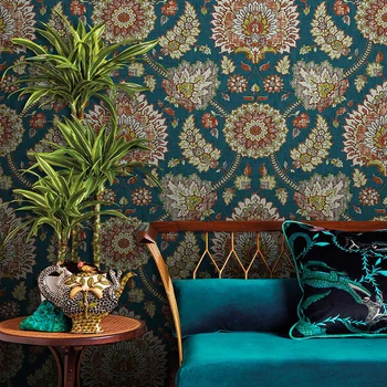 רטרו אמריקאי ירוק פרח טפט הטיבטי-מזרח אסיה הבוהמה האירופית סלון עיצוב חדר השינה אתני רוח טפט