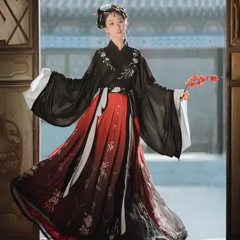 שחור סיני עתיק תחפושת Hanfu השמלה נשים ווי ג ' ין שושלת אלגנטי רקמה פרחונית כחול שיפוע Vestidos עממי ריקוד להגדיר