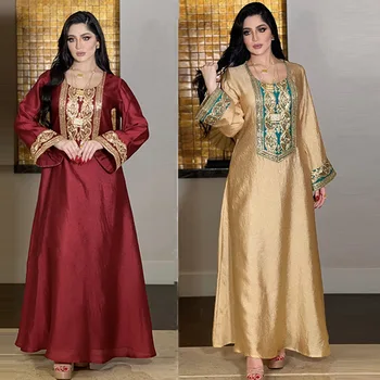 שמלה חדשה Abaya זהב משי רקום פייטים במזרח התיכון המוסלמי החלוק Abaya דובאי המוסלמים אופנה