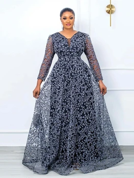 שמלה שחורה אפריקאית שמלות לנשים קיץ אופנה נשים אפריקניות V-צוואר שרוול ארוך פוליאסטר שמלה ארוכה שמלת מקסי S-4XL