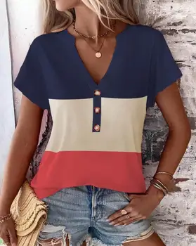 תלבושות קיץ מזדמן העליון Y2K טי-שירט לנשים 2023 אופנה חדשה Colorblock חריץ הצוואר מכופתרת יומיומי שרוול קצר חולצה