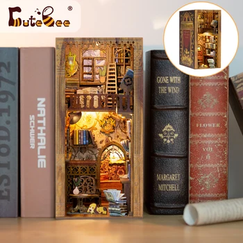 Cutebee DIY הספר פינה נצחית ספרים, בובות מיניאטורי קיט מדף להכניס לבית בובות צעצוע מעץ אור Led לילדים מתנה